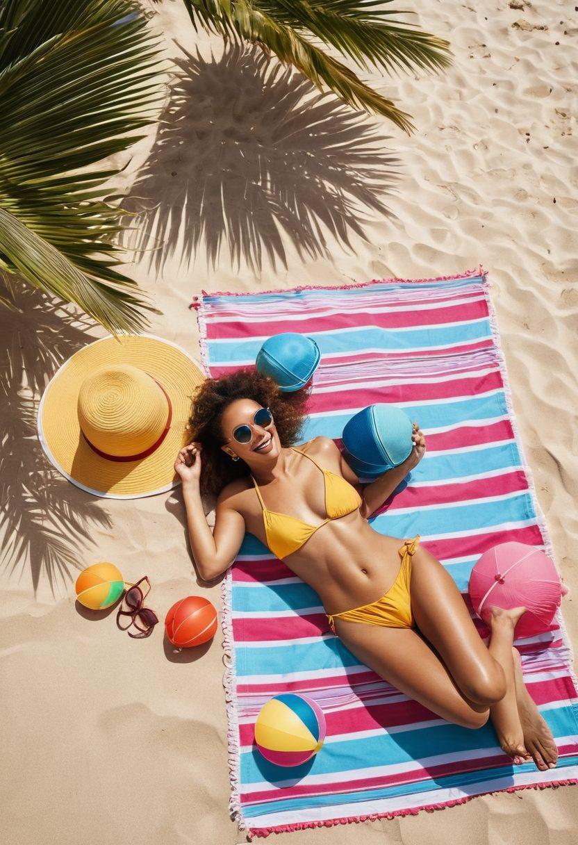 A sun-soaked beach scene showcasing a diverse group of stylish women in various trendy bikinis, lounging on colorful beach towels, with palm trees swaying in the background. Include vibrant beach accessories like sunglasses, hats, and sandals, along with playful beach balls and umbrellas, to create a lively summer atmosphere. The mood should radiate fun and confidence, inviting viewers to explore beachwear trends. vibrant colors. bright sunlight. summer vibe.