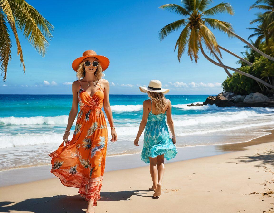A stylish beach scene featuring a fashionable woman in a flowing sundress, accessorized with a wide-brimmed hat and sunglasses, strolling along the shore with clear blue waves crashing behind her. Incorporate vibrant tropical elements like palm trees and colorful beach umbrellas, with a light and airy feel that embodies the essence of a perfect resort look. emphasize lush textures and warm sunlight creating a cheerful atmosphere. super-realistic. vibrant colors.